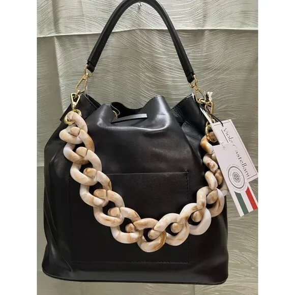 NWT Viola Castellani smooth black leather bucket bag - Picture 3 of 12